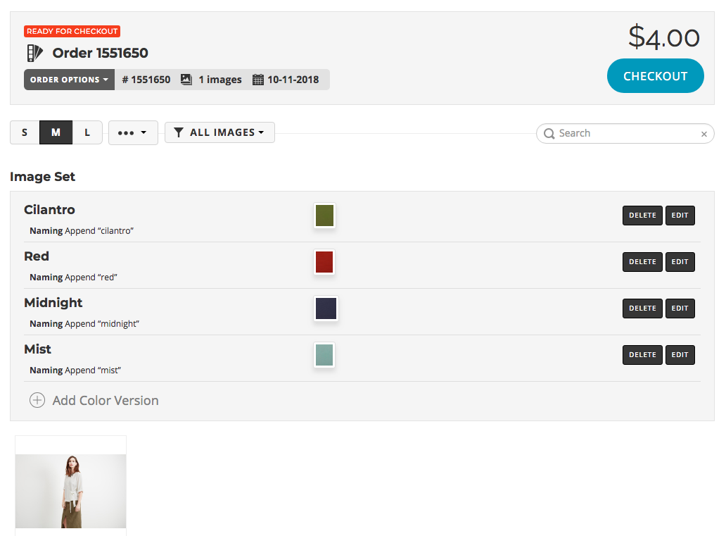 Review of color change order within online retouching interface